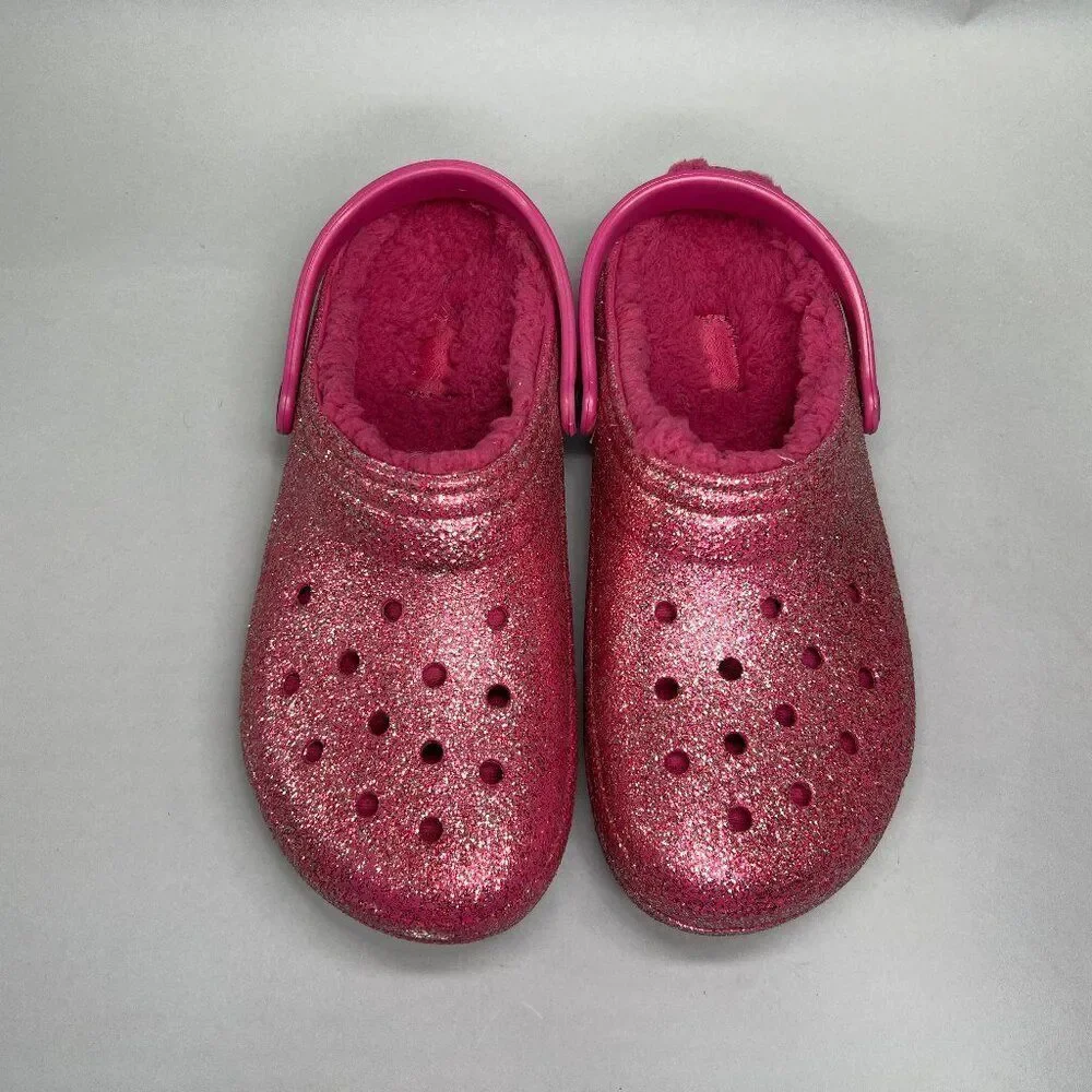 Crocs Pink Glitter Shoes Girl's Size 6 Insulated Lined‎ Slip On Clog Sandals